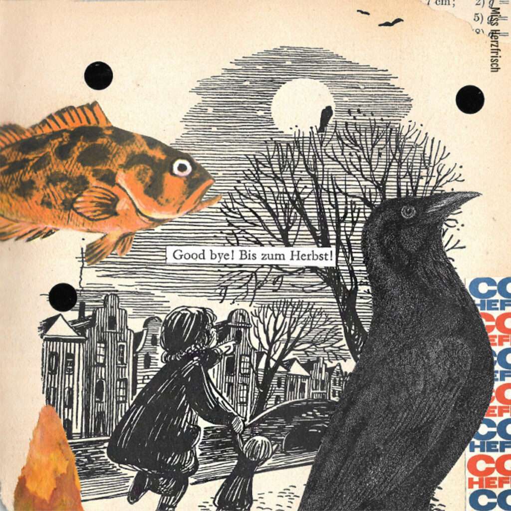 What did you say? - The raven imitates the owl noises - Oktobercollage Rabe * raven on a vintage invoice from 1908 - Tag 4